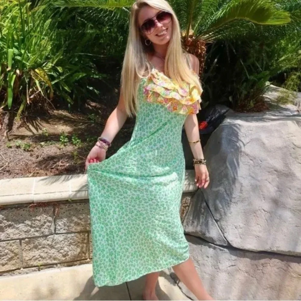Rixo X Target Green Animal Leopard Print Colorful Ruffle Midi Slip Dres Large - Picture 5 of 15